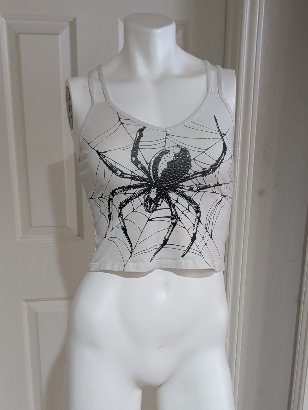 Y2K ROMWE White Cropped Tank with Black Spider Graphic Women's Small Retro